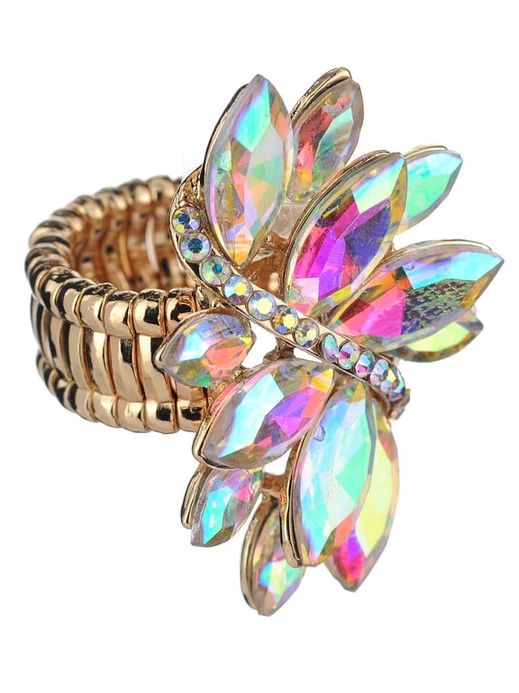 Women's Vine Marquis Stone Stud Fashion Stretch Ring, Aurora Borealis/Gold-Tone