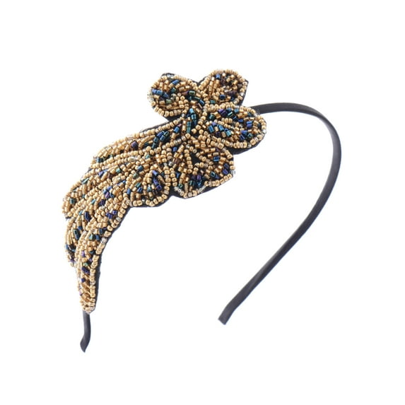 Women's Vintage 1920s Hand-Beads Retro Big Flower Leaf Flapper Headband, Gold