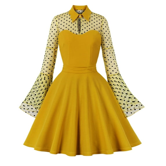 Women's Vintage 1950s Audrey Rockabilly Dresses Retro Mesh Sleeve A-Line Cocktail Party Swing Prom Dress