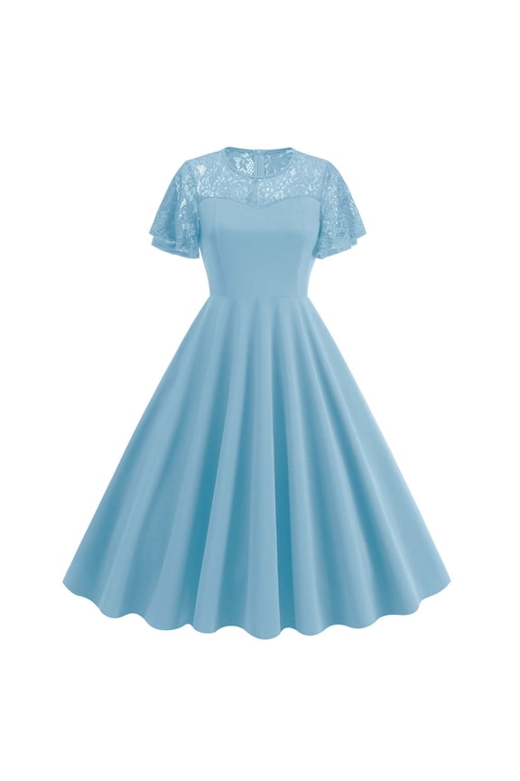 Women's Vintage 1950s Cocktail Dress Short Sleeve Ruched Slit A Line Swing Dress Sky Blue M