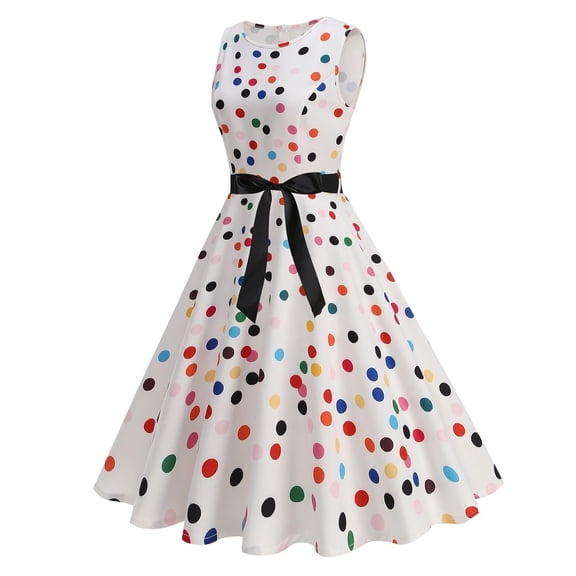 Women's Vintage 1950s Dresses. Polka Printed Sleeveless A-Line Flowy Dress, Cocktail Party Wedding Guest Evening Prom Gowns Floral Cocktail Dress for Women White S