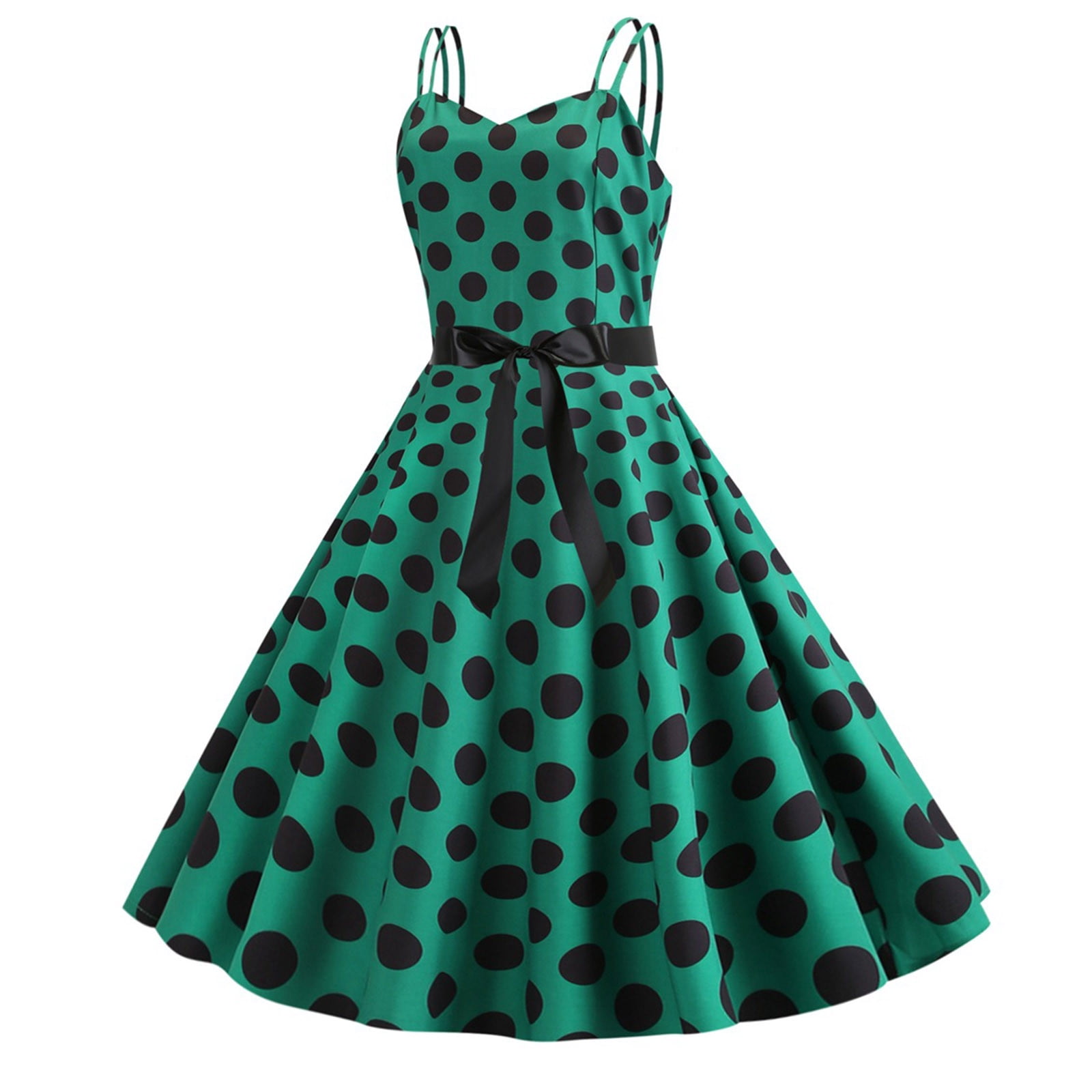 1950s Woman Short Sleeve Bow Tie Neck Button Polka Dot Elegant Vintage Dress