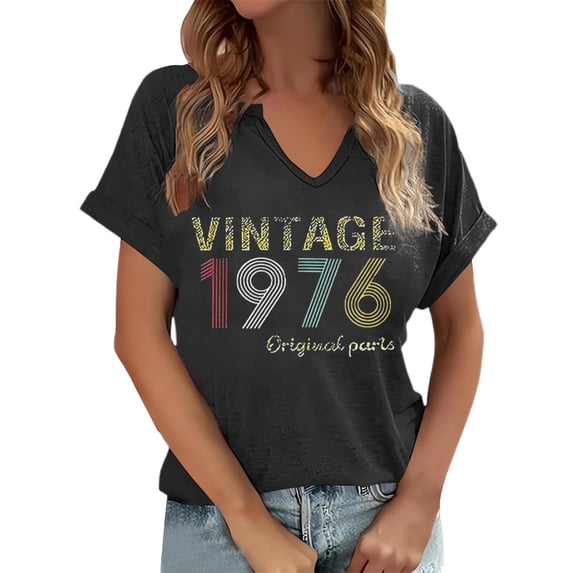 Women's Vintage 1976 Print T-Shirt V-Neck Short Sleeve Casual Summer Basic Tee
