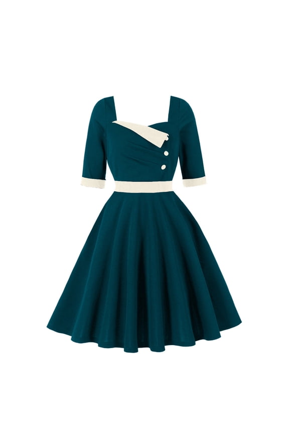Women's Vintage 40s 50s Midi Sweetheart Neckline Wedding Guest Party Swing Dresses Collared Button3/4 Sleeves Work Dress