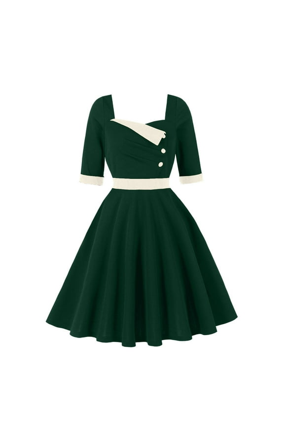 Women's Vintage 40s 50s Midi Sweetheart Neckline Wedding Guest Party Swing Dresses Collared Button3/4 Sleeves Work Dress
