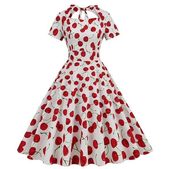 Women's Vintage 50s Cocktail Dress Tie Back Notch Neck Cherry Print Classy Short Sleeve Tea Party Prom Midi Gown (Large, White)