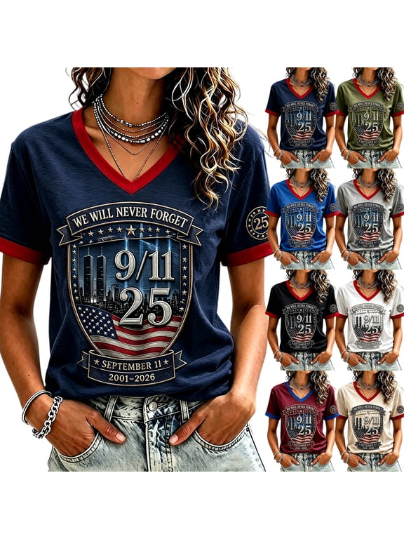 Women's Vintage 911 25TH Anniversary Tshirt Memorial Never Forget American Flag Honor Faith Tee Tops