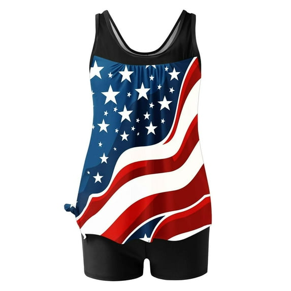 Women's Vintage American Flag Tankini Set - 4th of July Swimsuits with Boyshorts & Tank Top, Patriotic Two Piece Swimwear