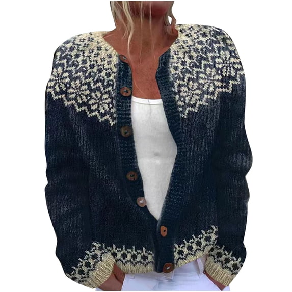 Women's Vintage Argyle Knit Icelandic Nordic Cardigan Sweater Coat Colorful Button Jacket Navy 3XL