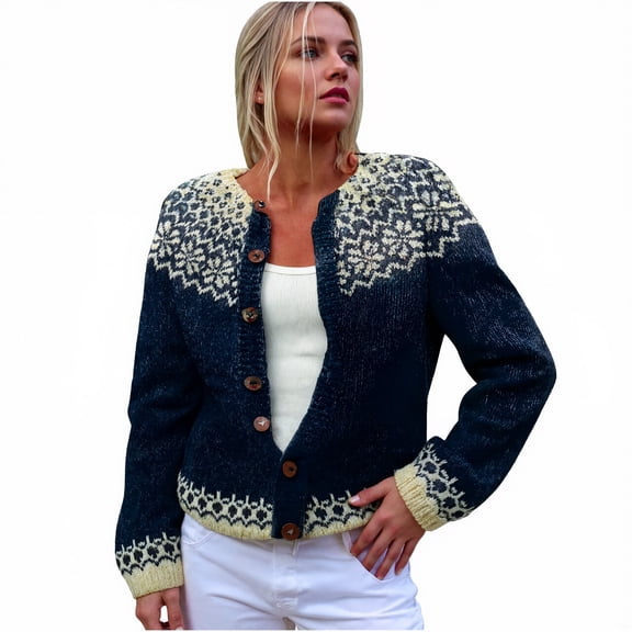 Women's Vintage Argyle Knit Icelandic Nordic Cardigan Sweater Coat Colorful Button Jacket Navy XL