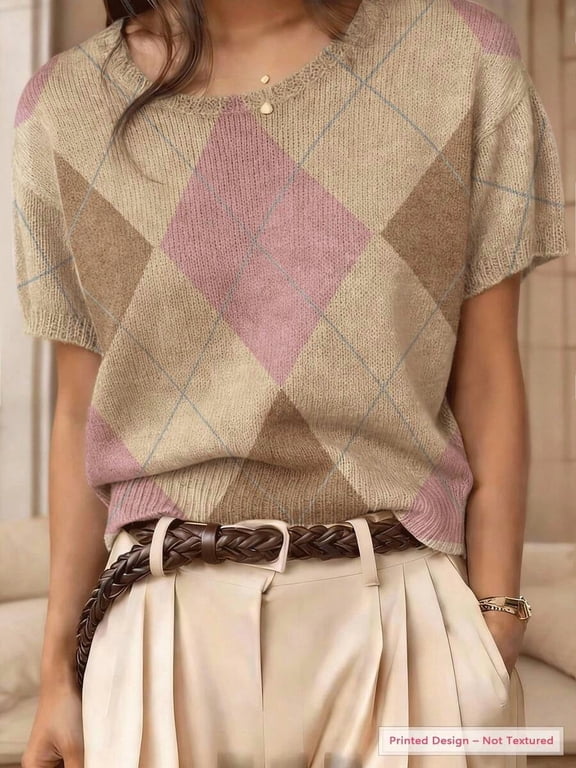 Women's Vintage Argyle Short Sleeve Knit Sweater | Preppy Drop Shoulder Top