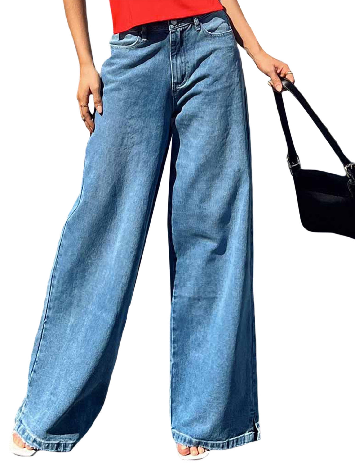 Women's Vintage Baggy Jeans Casual Wide Leg Denim Pants Solid Color High  Waist Straight Trousers with Pockets 