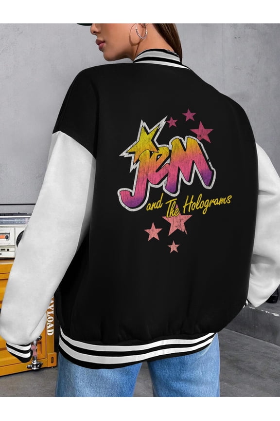 Women's Vintage Baseball Jacket Jem and The Holograms Logo Hoodie for Women Cartoon TV Series Inspired Baseball Sweatshirt