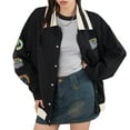 thumbnail image 1 of Women's Vintage Baseball Jackets, Long Sleeve Lapel Embroidery Patch Coat Button Loose Bomber Oversize Outerwear, 1 of 10