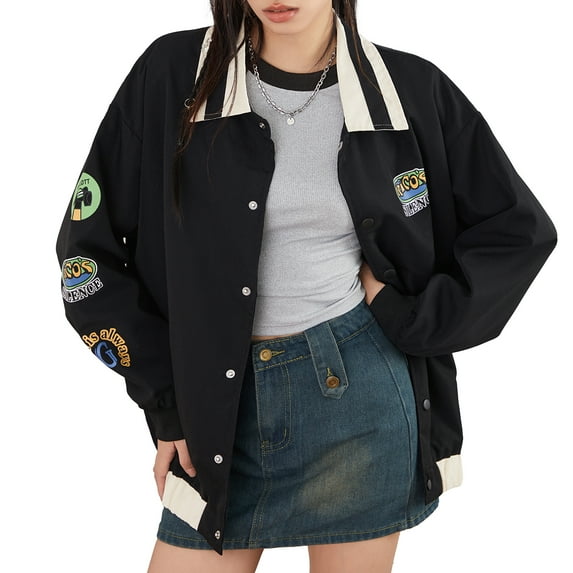 Women's Vintage Baseball Jackets, Long Sleeve Lapel Embroidery Patch Coat Button Loose Bomber Oversize Outerwear
