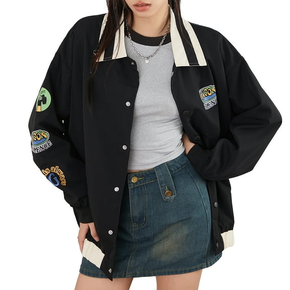 Women's Vintage Baseball Jackets, Long Sleeve Lapel Embroidery Patch Coat Button Loose Bomber Oversize Outerwear