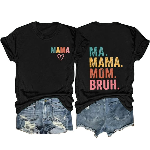 Women's Vintage Basic Tees for Mother's Days Round Neck Blouse Short Sleeve Tunic Tops Loose Fit Flowy Fashion Funny Letter Print Tees Y2K Tops Dressy Casual Summer Clothes Black T Shirts M