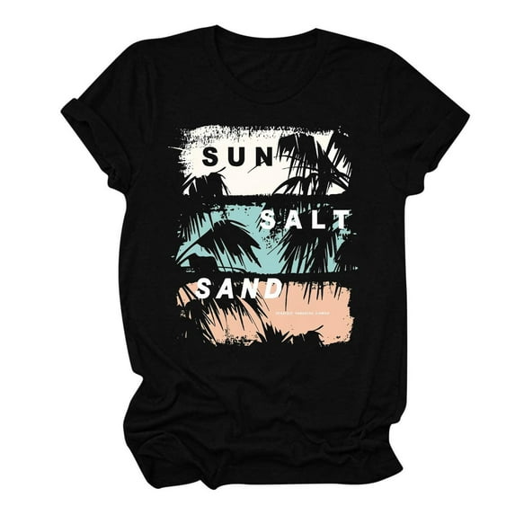 Women's Vintage Beach Style Basic T-Shirts Short Sleeve Loose Fit Flowy Tunic Tops Summer Clothes for Teen Girls Fashion Sunset Graphic Tees Dressy Casual Tops Round Neck Blouse Black T Shirts XL