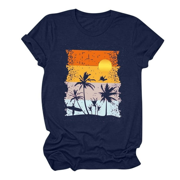 Women's Vintage Beach Style Basic T-Shirts Short Sleeve Tunic Tops Loose Fit Flowy Summer Clothes for Teen Girls Fashion Y2K Tops Dressy Casual Round Neck Blouse Sunset Graphic Tees Navy T Shirts XXL