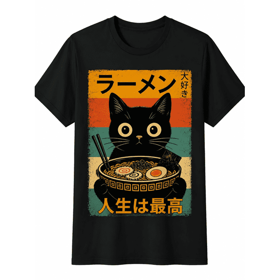 Women's Vintage Black Cat Ramen Graphic T-Shirt Japanese Style Funny Cat Short Sleeve Casual Crew Neck Tee
