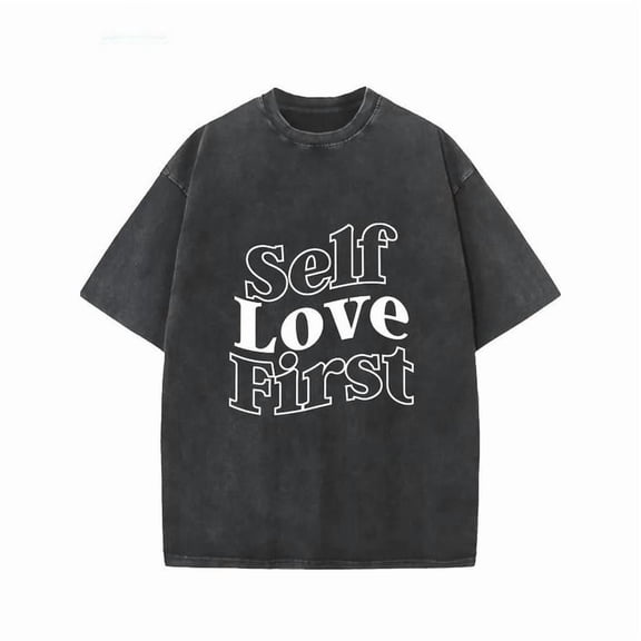 Women's Vintage Black Graphic Tee with "Self Love First" Print, S-6XL T-Shirt, Casual Self-Care Top for Ladies