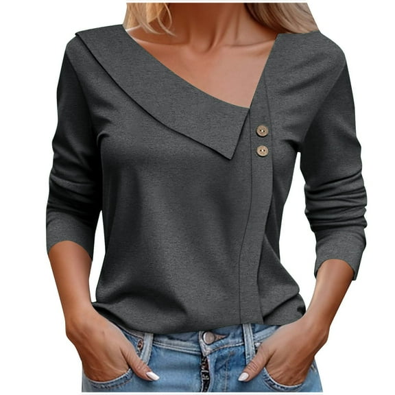 Women's Vintage Blouse with Button Asymmetric Neck Fashion 2024 Long Sleeve Tunic Tops for Lady Loose Fit Flowy Y2K Tops Dressy Casual Solid Color Summer Clothes for Teen Girls Dark Gray T Shirts S