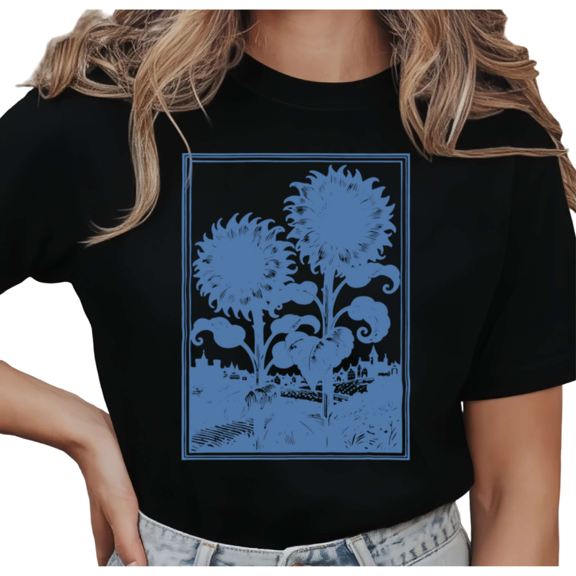 Women's Vintage Blue Sunflower Block Print With Town Scene Retro Graphic Casual T Shirt Short Sleeve Round Neck Top Black S-5XL