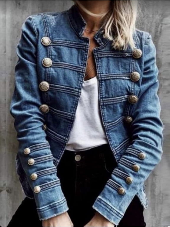 Women's Vintage Blue Washed Denim Stand Collar Military Style Double Breasted Jacket with Gold Buttons