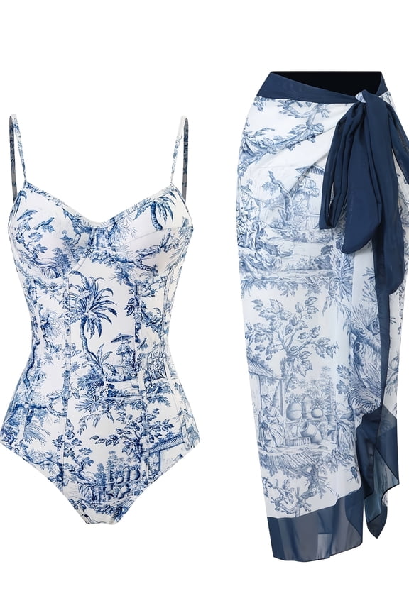 Women's Vintage Blue White Toile Jungle Print Corset Seamed One Piece Swimsuit with Matching Tie-Wrap Chiffon Sarong Cover Up Skirt, Tummy Control 2 Piece Bathing Suit for Beach Pool Resort Vacation