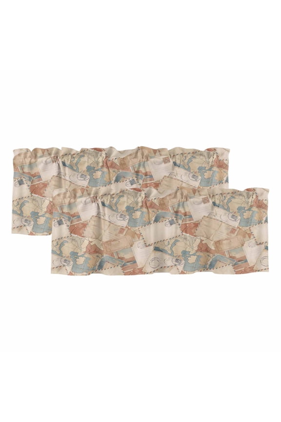 2 Pack Valances for Windows 60 x 18 Inch, Vintage Envelope Decorative Kitchen Curtain Valance, Abstract Art Travel Maps Rod Pocket Short Curtains Window Treatment for Bathroom/Cafe