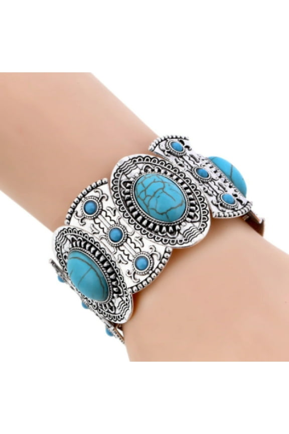 Women's Vintage Boho Turquoise Cuff Stretch Bracelet, Ethnic Fashion Jewelry