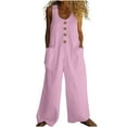 thumbnail image 1 of Women's Vintage Boho Vacation Romper - Sleeveless Floral & Striped Cotton-Linen Jumpsuit with Button Front & Pockets, Wide Leg Beach Overalls, 1 of 7