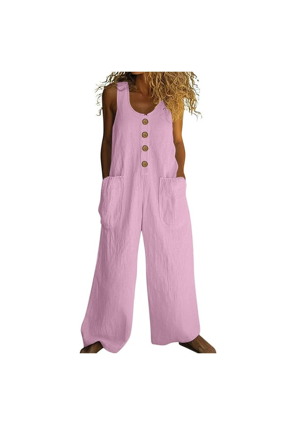 Women's Vintage Boho Vacation Romper - Sleeveless Floral & Striped Cotton-Linen Jumpsuit with Button Front & Pockets, Wide Leg Beach Overalls