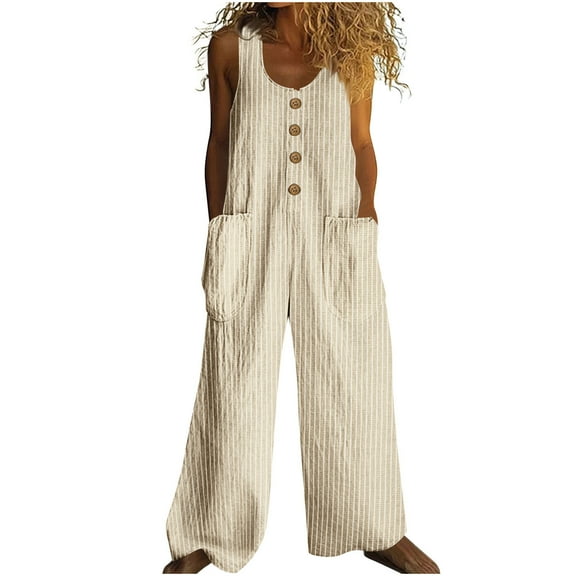 Women's Vintage Boho Vacation Romper - Sleeveless Floral & Striped Cotton-Linen Jumpsuit with Button Front & Pockets, Wide Leg Beach Overalls