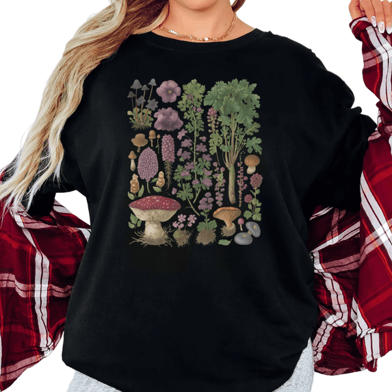 Women's Vintage Botanical Mushroom And Wildflower Nature Graphic Comfortable T Shirt Short Sleeve Round Neck Top Black S-5XL