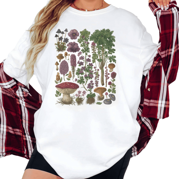 Women's Vintage Botanical Mushroom And Wildflower Nature Graphic Comfortable T Shirt Short Sleeve Round Neck Top White S-5XL