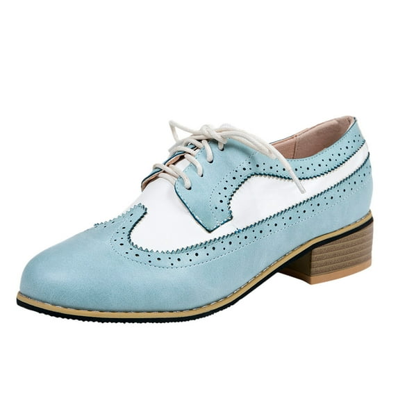 Women's Vintage British Style Shoes Carved Thick Heel Small Shoes for Teens Girls Light blue 8