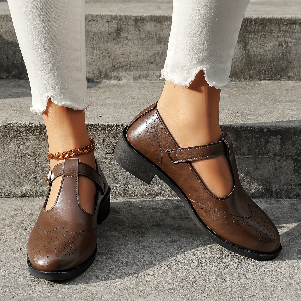 Women s Vintage Brogue Oxfords Solid Color Round Toe Buckle Strap Shoes Casual Chunky Low Heeled Shoes Walmart