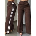 thumbnail image 1 of Women's Vintage Brown Wide Leg Pants With White Side Stripes, Button Zipper Pockets, Long Woven Fabric Trousers, Autumn Fashion Choice For Commute And Office, 1 of 7