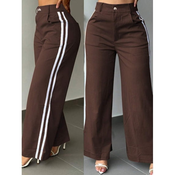 Women's Vintage Brown Wide Leg Pants With White Side Stripes, Button Zipper Pockets, Long Woven Fabric Trousers, Autumn Fashion Choice For Commute And Office
