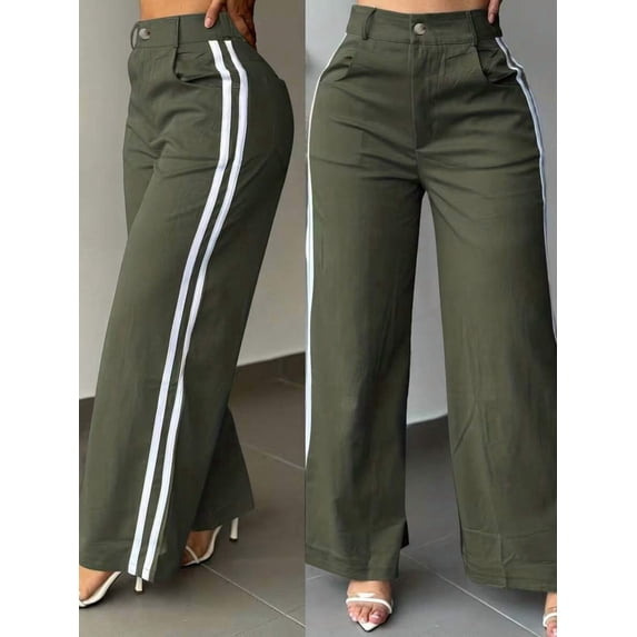 Women's Vintage Brown Wide Leg Pants With White Side Stripes, Button Zipper Pockets, Long Woven Fabric Trousers, Autumn Fashion Choice For Commute And Office