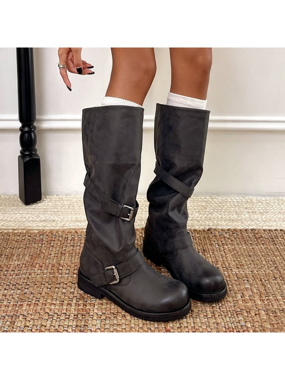 Women’s Vintage Buckle Knee‑High Boots, Faux Leather Slouchy Ruched Tall Biker Boots, Low Block Heel Non‑Slip Casual Western Boots