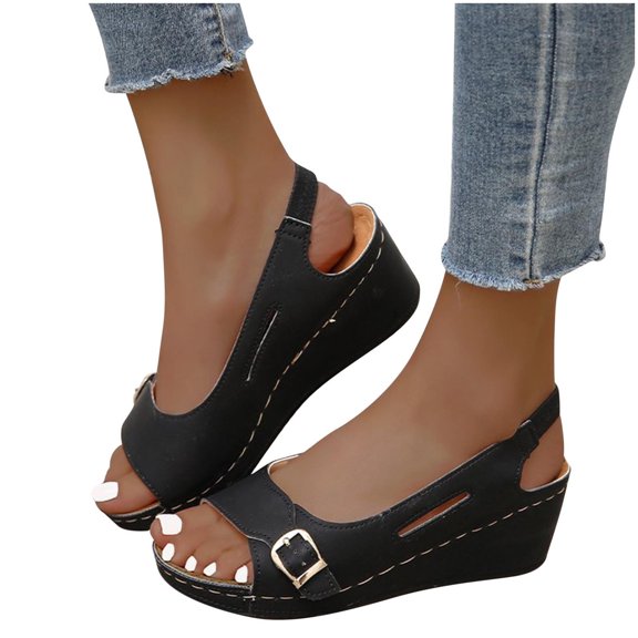 Women's Vintage Buckle Wedge Heel Open Toe Low Fish Mouth Roman Sandals