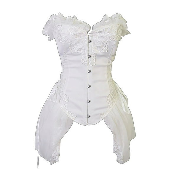 Women's Vintage Bustier Corsets Lace Ruffle Princess Party Corset Tops Mesh Wrap Western Medieval Bustiers Bodice White, XXL