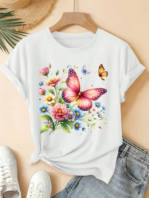 Women's Vintage Butterfly & Floral Print T-Shirt - Short Sleeve Crew Neck Loose Fit Blouse Top, Non- Suitable For Gym, Training, Commuting & Parties, Spring Summer Fall Casual Wear