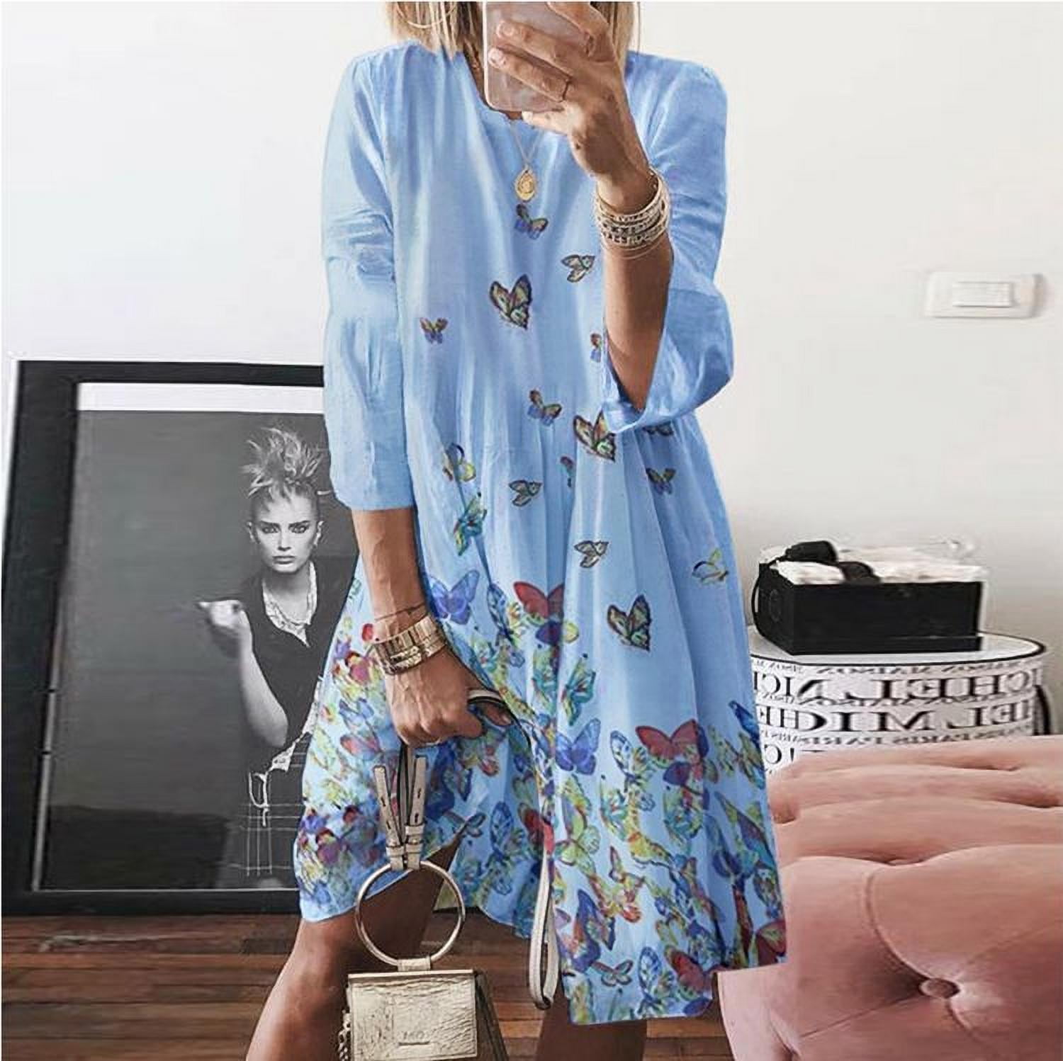 Women's Vintage Butterfly Printed Dresses Round Neck 3/4 Sleeve Dress ...