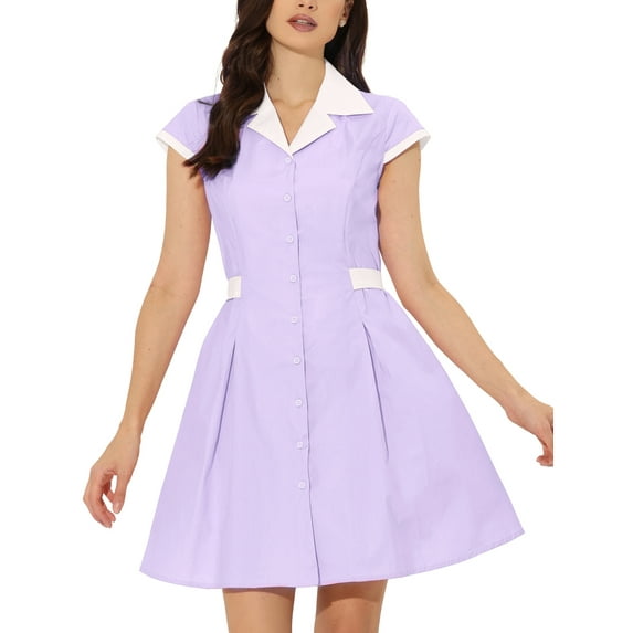 INSPIRE CHIC Women's Button Down Shirt Dress Notch Lapel Short Sleeve Belted Work Dresses L Purple
