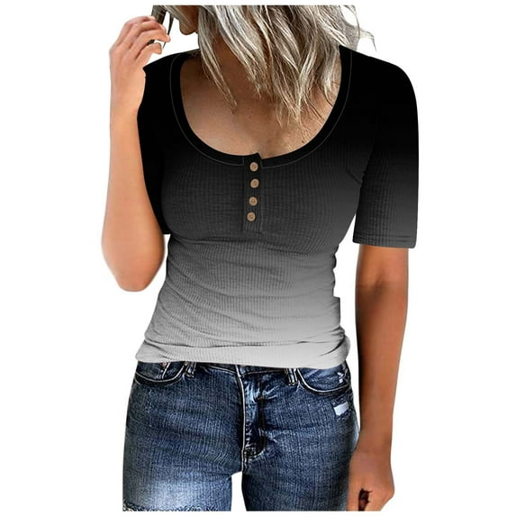 Women's Vintage Button up Neck Summer Clothes for Teen Girls Fashion 2024 Short Sleeve Tunic Tops for Lady Loose Fit Flowy Round Neck Blouse Gradient Color Y2K Tops Dressy Casual Black T Shirts S