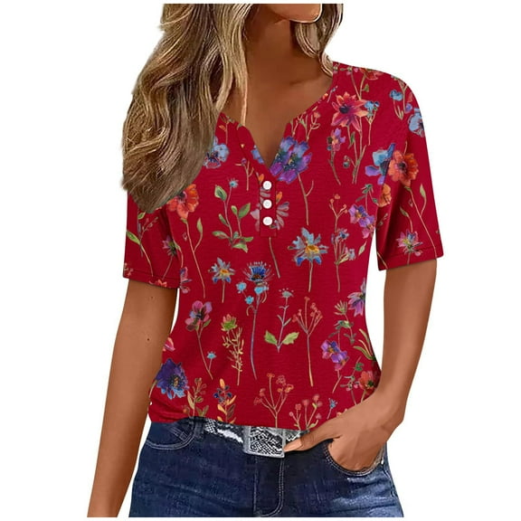 Women's Vintage Button up Summer Clothes for Teen Girls Fashion 2024 Short Sleeve Tunic Tops for Lady Loose Fit Flowy V Neck Blouse Y2K Tops Dressy Casual Floal Printing Red T Shirts M