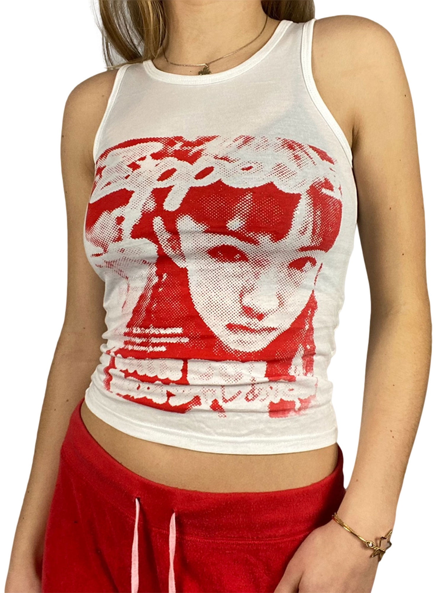 Women's Vintage Cami Tank Tops,Sleeveless Graphic Face Portrait Print Round  Neck Slim Fit T-Shirt Tops 90s Streetwear 